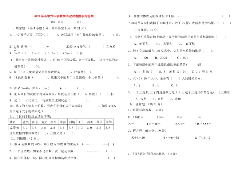 2019年小学六年级数学毕业试卷附参考答案.doc_第1页