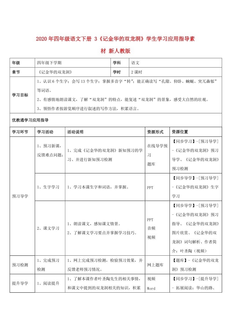 2020年四年级语文下册 3《记金华的双龙洞》学生学习应用指导素材 新人教版.doc_第1页