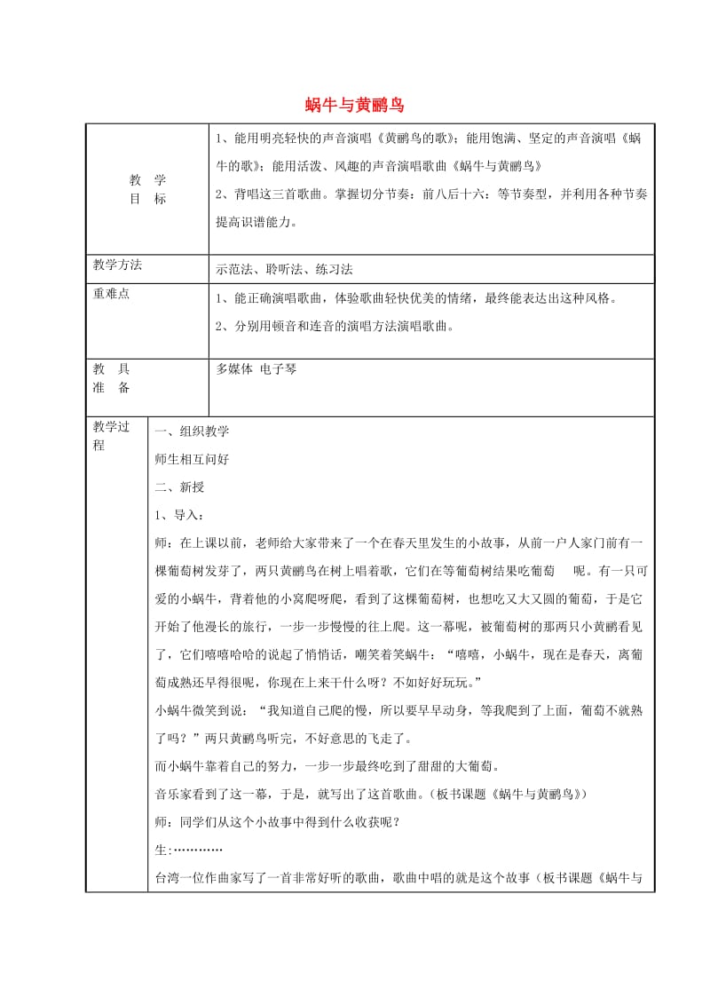 2019春三年级音乐下册 第四单元《蜗牛与黄鹂鸟》教案 新人教版.doc_第1页