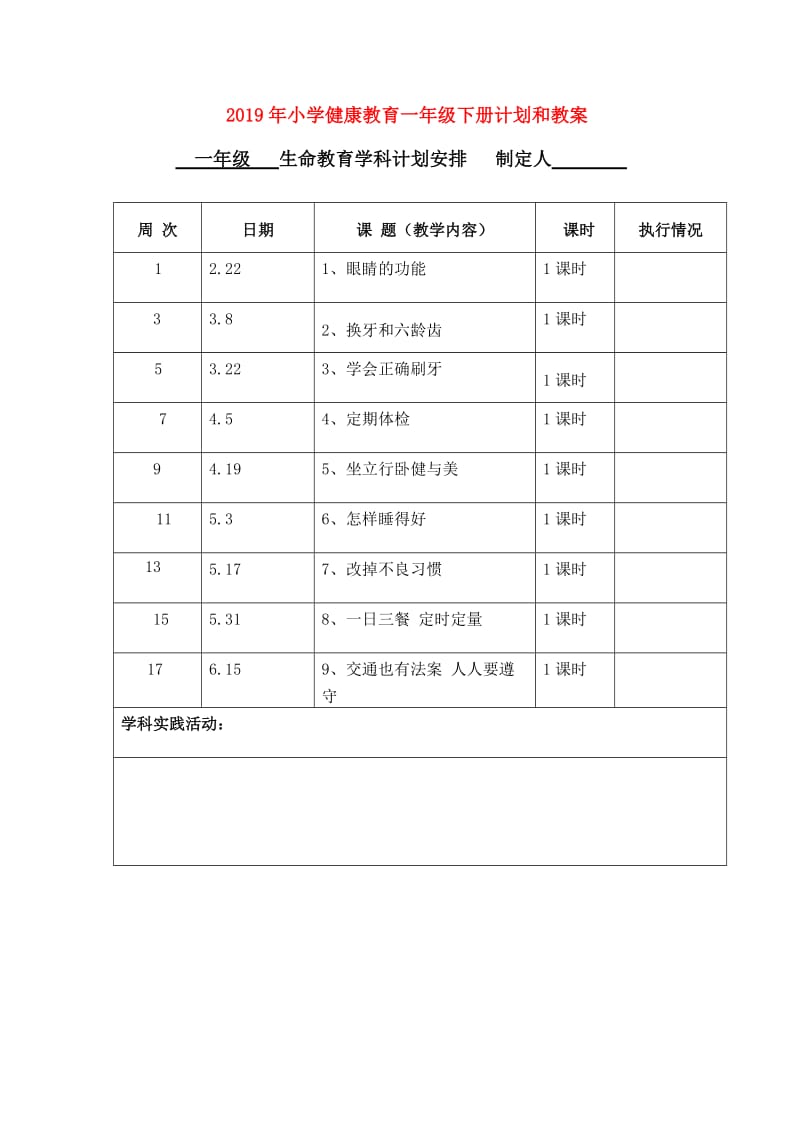 2019年小学健康教育一年级下册计划和教案.doc_第1页