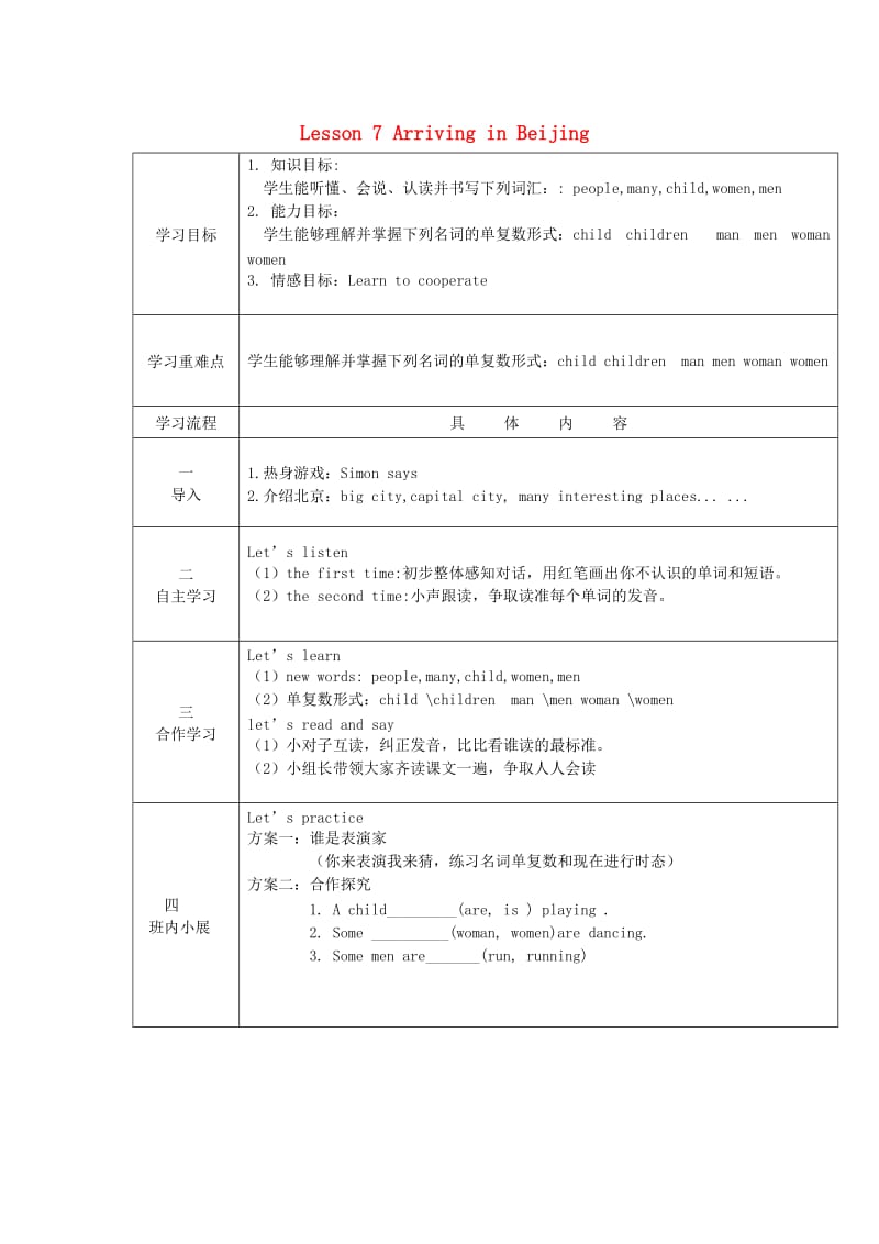 2019春五年级英语下册 Unit 2 In Beijing Lesson 7《Arring in Beijing》学案（新版）冀教版.doc_第1页