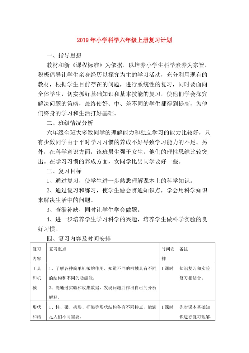 2019年小学科学六年级上册复习计划.doc_第1页