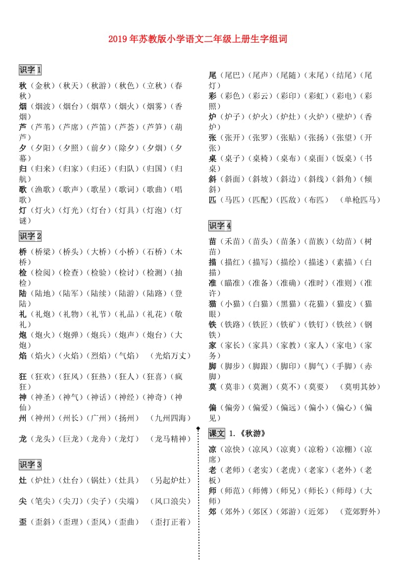 2019年苏教版小学语文二年级上册生字组词.doc_第1页