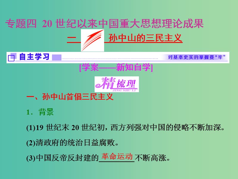 高中历史专题四20世纪以来中国重大思想理论成果一孙中山的三民主义课件人民版.ppt_第1页