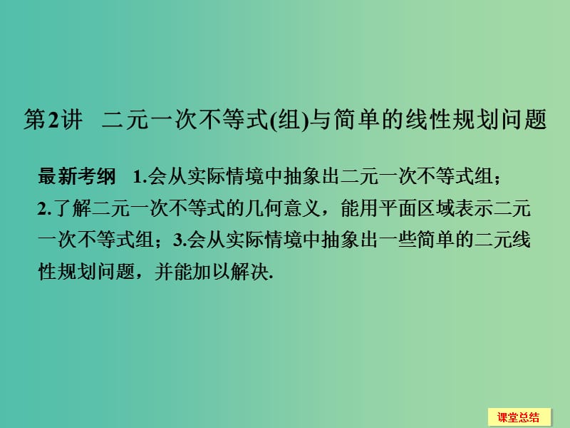 高考数学一轮复习 7-2 二元一次不等式(组)与简单的线性规划问题课件 新人教A版.ppt_第1页