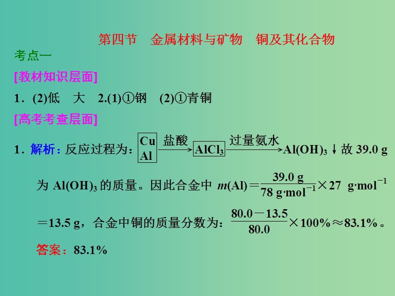 高考化学一轮复习 第四节 金属材料与矿物 铜及其化合物习题讲解课件.ppt_第1页