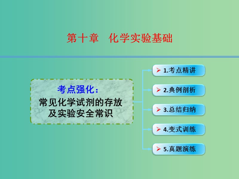 高考化学一轮复习 10.5考点强化 常见化学试剂的存放及实验安全常识课件.ppt_第1页