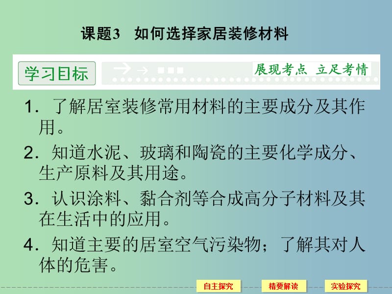 高中化学 4-3 如何选择家居装修材料同步课件 鲁科版选修1.ppt_第1页