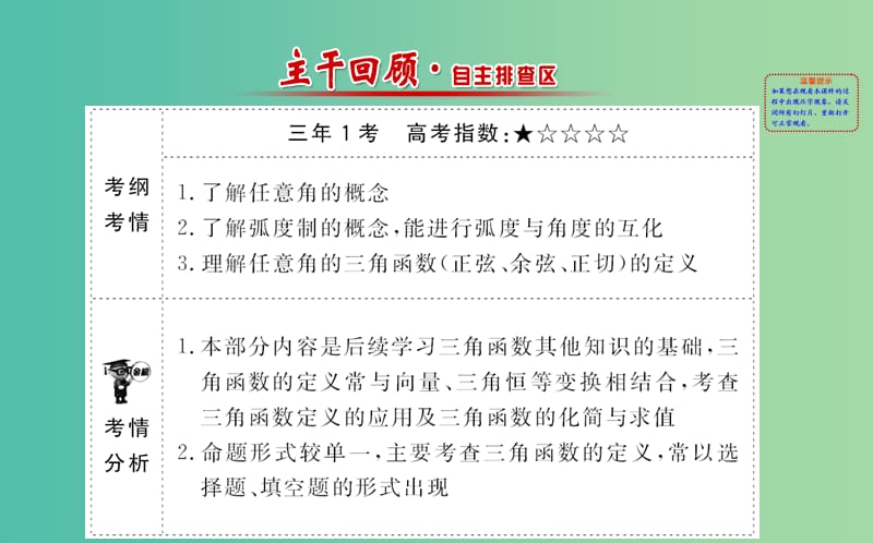 高考数学 3.1 任意角和弧度制及任意角的三角函数课件.ppt_第2页