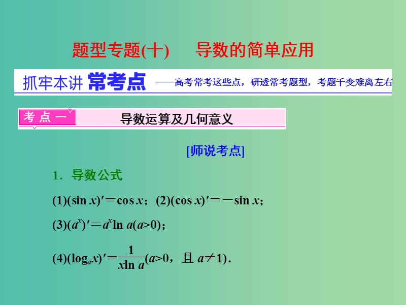 高三数学二轮复习 第一部分 重点保分题 题型专题（十）导数的简单应用课件(理).ppt_第1页