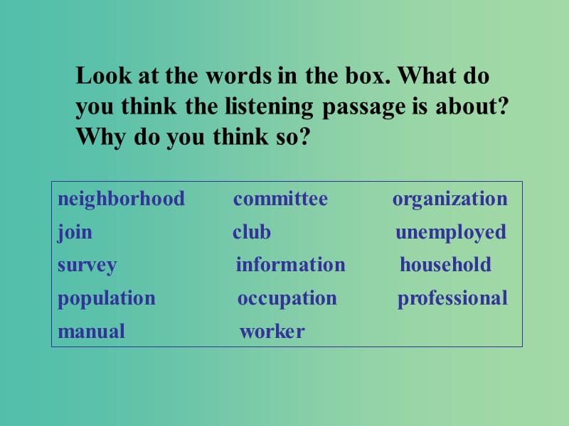 高中英语 Module 4 A Social Survey My NeighbourhoodListening, speaking, writing课件 外研版必修1.ppt_第3页