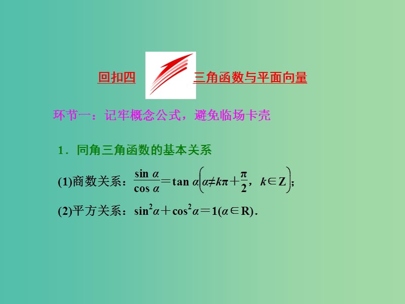 高三数学二轮复习 第二部分 考前30天 回扣四 三角函数与平面向量课件(理).ppt_第1页