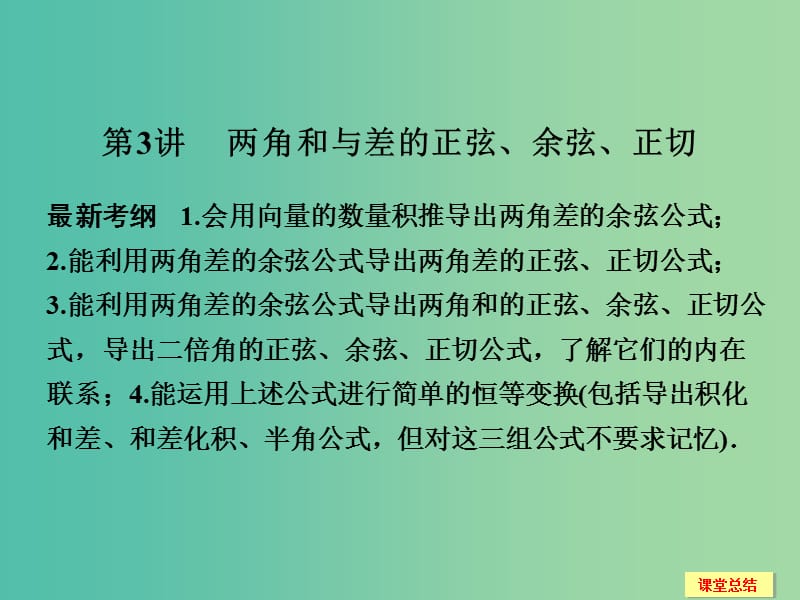 高考数学一轮复习 4-3 两角和与差的正弦 余弦 正切课件 新人教A版.ppt_第1页