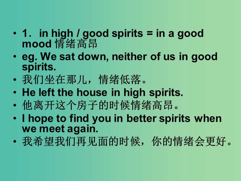 高考英语 词汇专题复习 in good spirits的用法课件.ppt_第2页