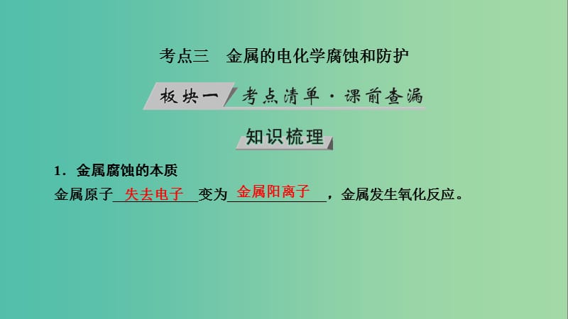 高考化学大一轮复习第25讲电解池金属的电化学腐蚀与防护考点3金属的电化学腐蚀和防护优盐件.ppt_第3页