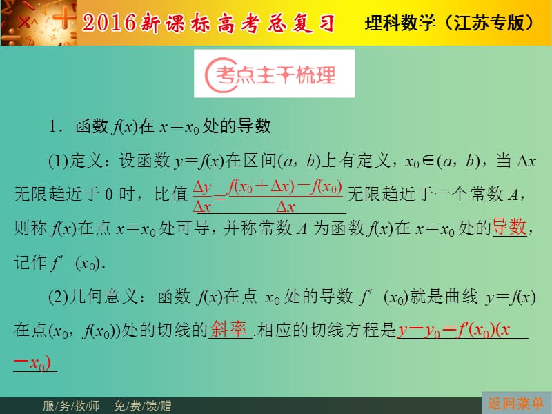 高考数学总复习 第2章 第10节 导数及其运算课件 理（新版）苏教版必修1.ppt_第3页