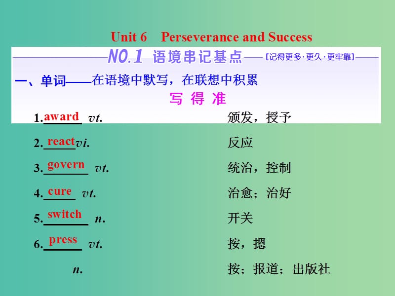 高考英语一轮复习Unit6PerseveranceandSuccess课件重庆大学版.ppt_第1页