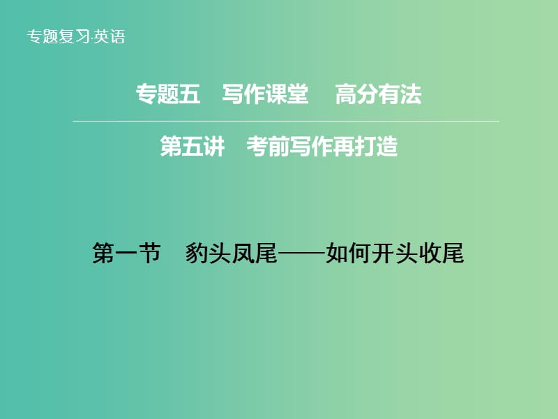 高三英语二轮复习 题型攻略 专题5 写作课堂 高分有法 第5讲 第1节 豹头凤尾 如何开头收尾课件.ppt_第1页