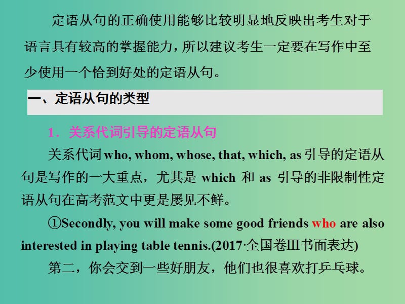 高考英语大一轮复习层级化晋级写作层级二词靓句高赢高分四吸引眼球的定语从句课件.ppt_第2页