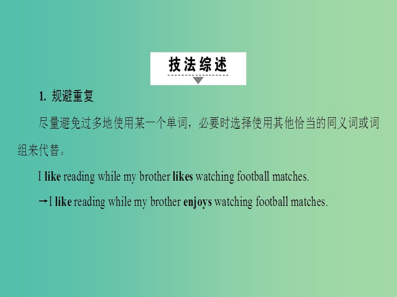 高三英语二轮复习 第1部分 专题6 书面表达 技法6 规避重复适当进行句式升级课件.ppt_第2页