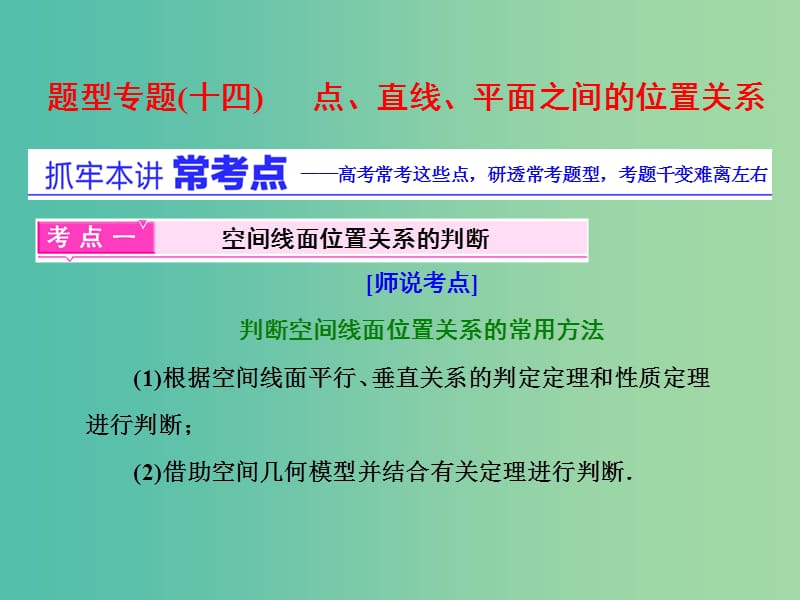 高三数学二轮复习 第一部分 重点保分题 题型专题（十四）点、直线、平面之间的位置关系课件(理).ppt_第1页