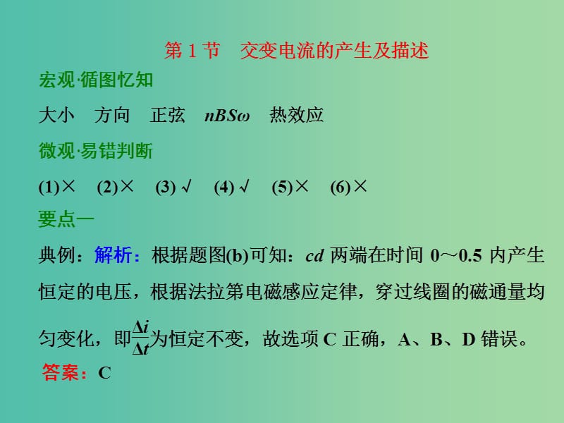 高考物理一轮复习 第十章 交变电流 第1节 交变电流的产生及描述习题详解课件 新人教版.ppt_第1页