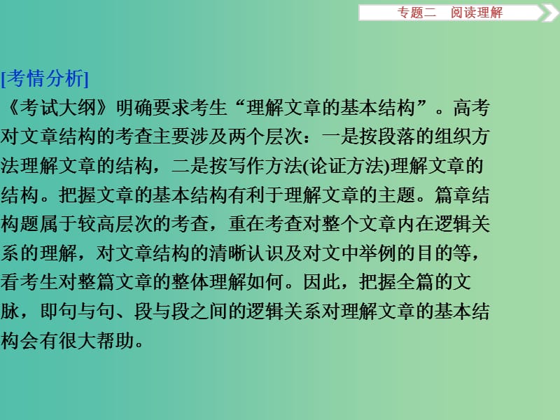 高考英语二轮复习 第二部分 题型突破 专题二 阅读理解 第五讲 篇章结构题课件.ppt_第2页