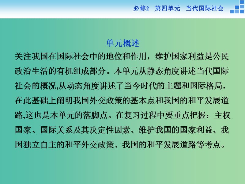 高考政治大一轮复习 第四单元 当代国际社会单元优化总结课件 新人教版必修2.ppt_第2页