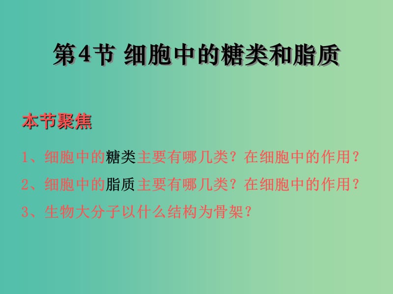 高中生物 第二章 第四节 细胞中的糖类和脂质课件 新人教版必修1.ppt_第1页