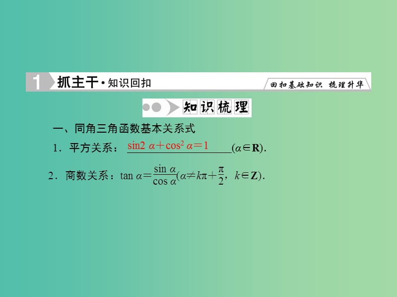 高考数学一轮复习 3-2 同角三角函数关系式与诱导公式课件 文.ppt_第2页