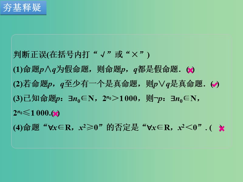 高考数学一轮复习 第3讲 全称量词与存在量词 、逻辑联结词“且”“或”“非”课件 理 北师大版.ppt_第2页