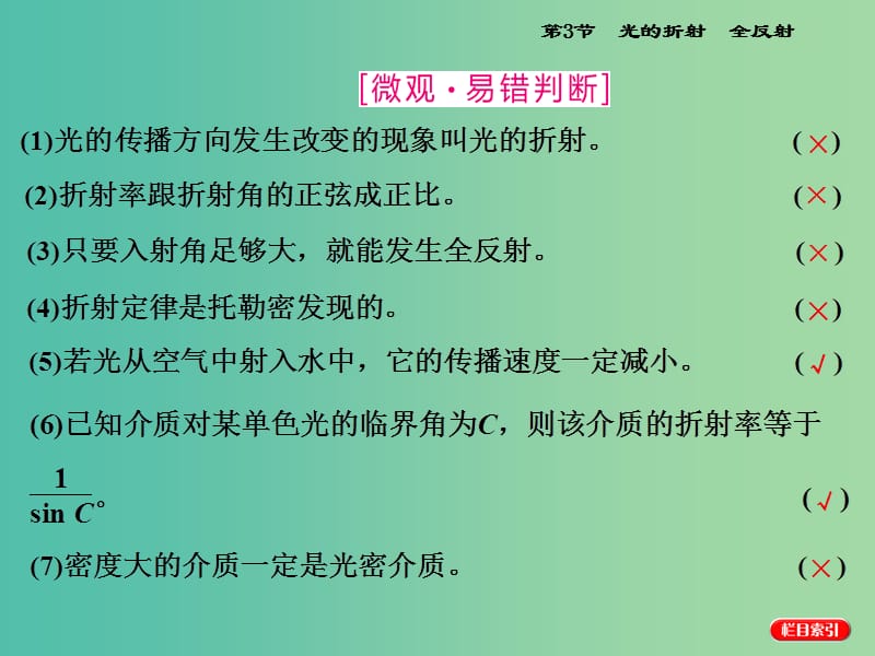 高考物理一轮复习 第十二章 波与相对论 第3节 光的折射 全反射课件 新人教版选修3-4.ppt_第3页