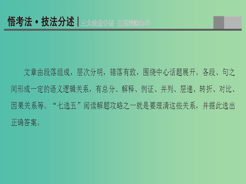 高三英语二轮复习 第1部分 专题2 阅读七选五 技法1 依据“行文逻辑”线索课件.ppt_第2页