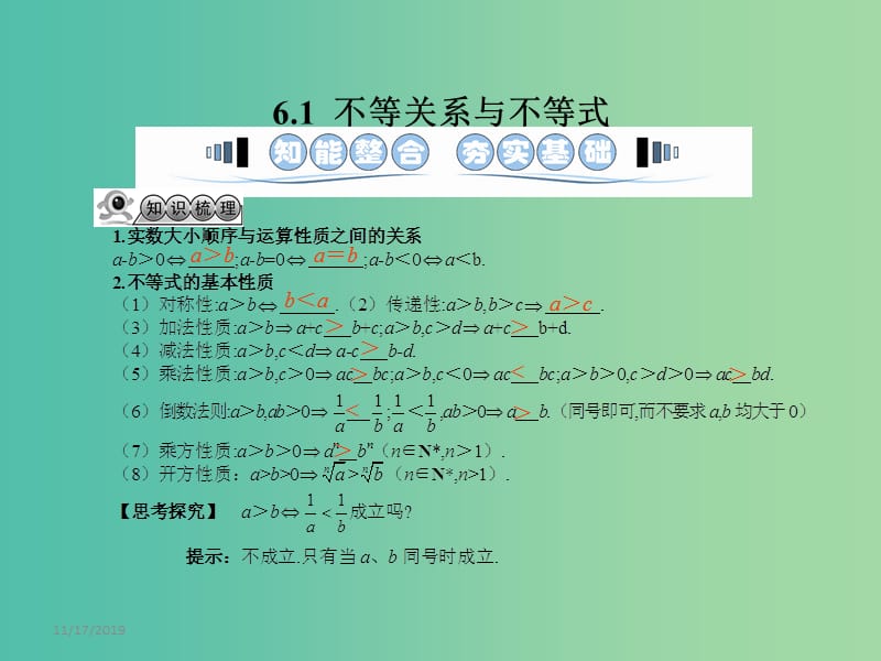 高考数学一轮复习 6.1不等关系与不等式课件 文 湘教版.ppt_第3页