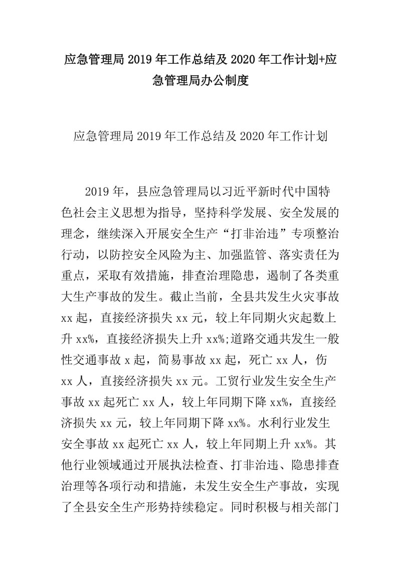 应急管理局2019年工作总结及2020年工作计划+应急管理局办公制度_第1页