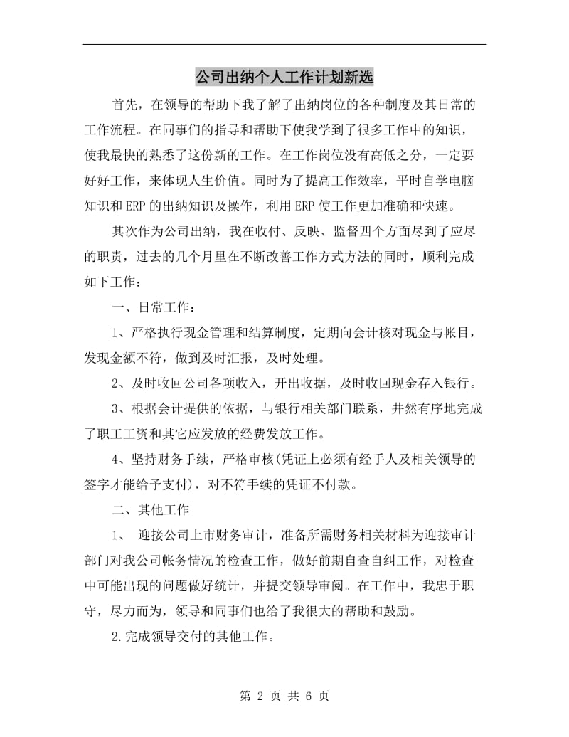 公司出纳个人工作计划新选.doc_第2页