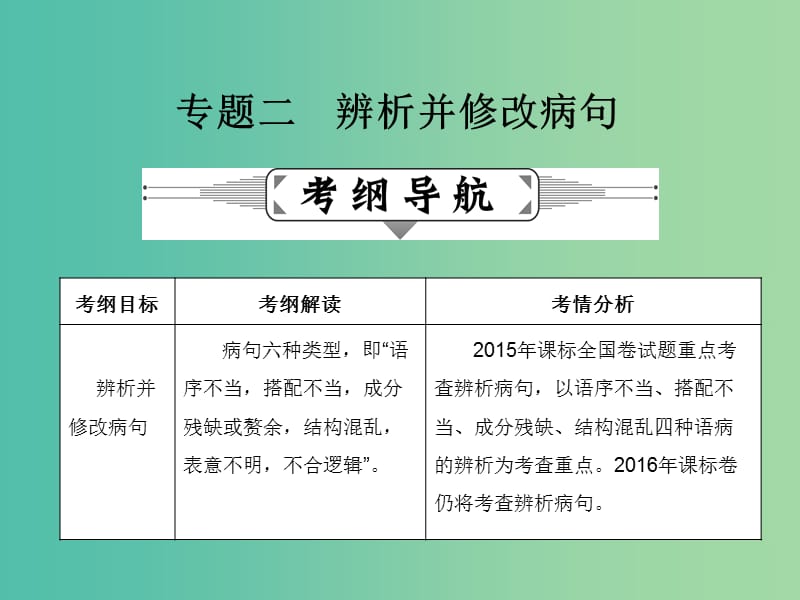 高考语文二轮复习 第一部分 语言文字运用 专题二 辨析并修改病句课件.ppt_第1页