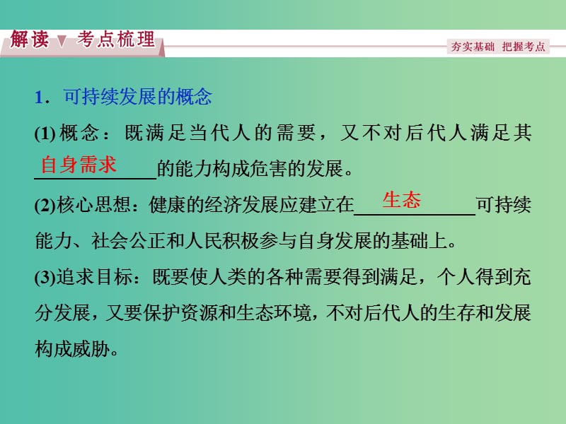 高考地理总复习 第四章 人类与地理环境的协调发展 第三节 可持续发展的基本内涵课件 湘教版必修2.ppt_第3页