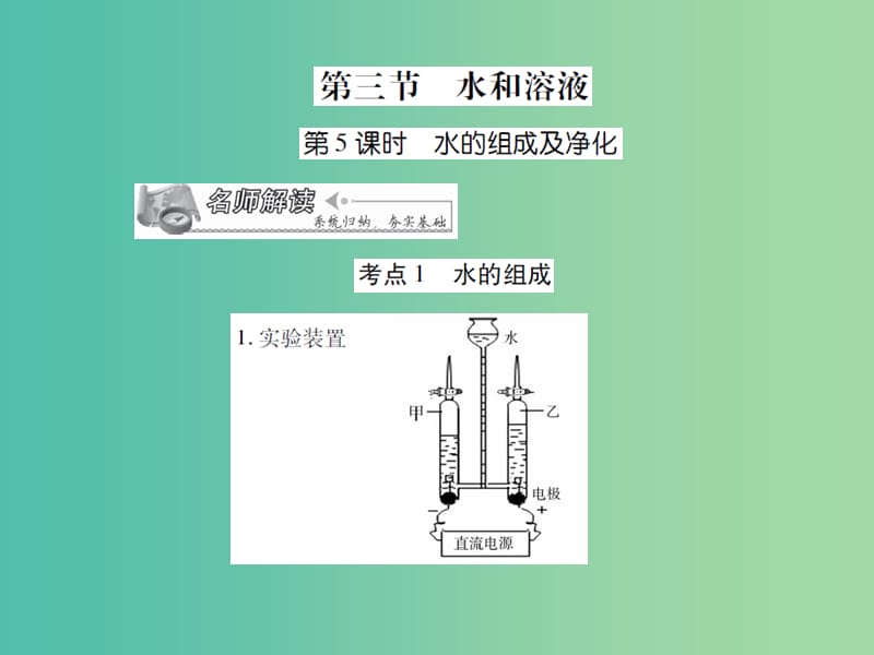 中考化学 专题1 身边的化学物质 第5课时 水的组成和净化复习课件.ppt_第1页