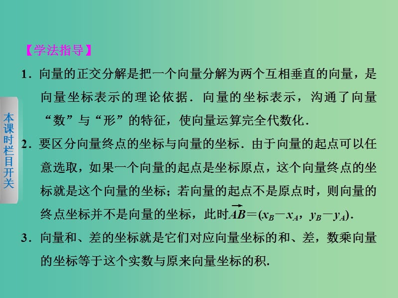 高中数学 2.3.2-2.3.3平面向量的正交分解及坐标表示 平面向量的坐标运算课件 新人教A版必修4.ppt_第2页