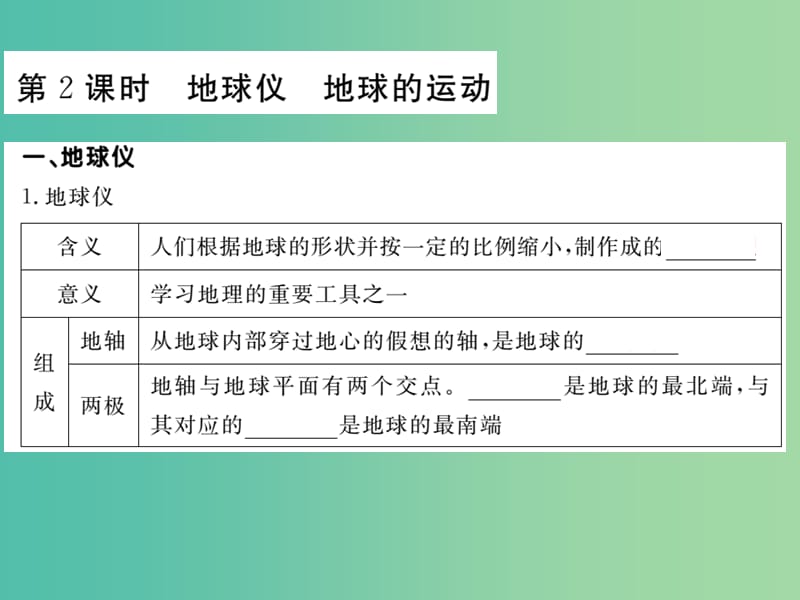 七年级地理上册 第二章 第一节 认识地球（第2课时 地球仪 地球的运动）课件 （新版）湘教版.ppt_第1页