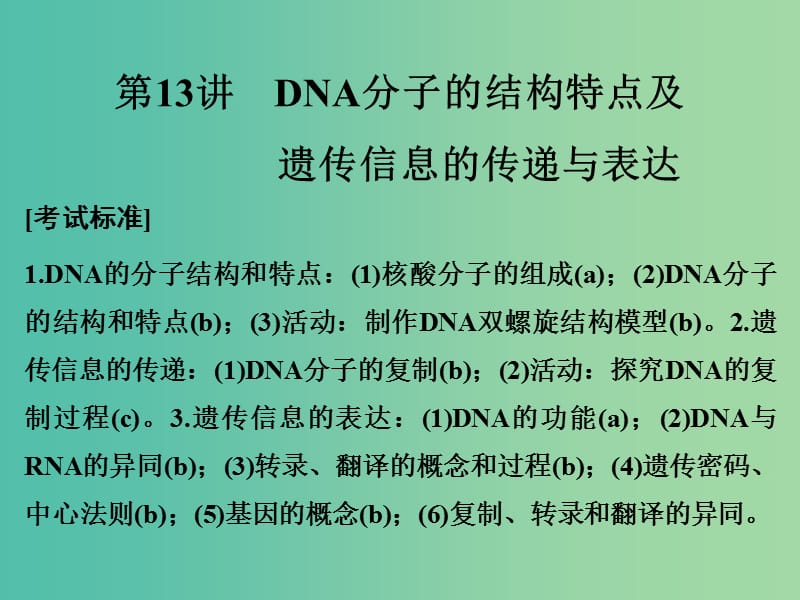 高考生物总复习 第四单元 遗传的分子基础 第13讲 DNA分子的结构特点及遗传信息的传递与表达课件.ppt_第1页