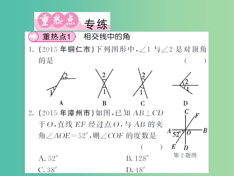 七年级数学下学期期末复习专练（一） 相交线与平行线课件 新人教版.ppt_第2页