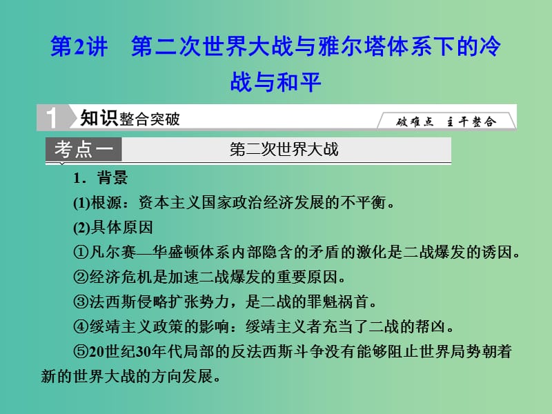 高考历史一轮复习 第二次世界大战与雅尔塔体系下的冷战与和平课件 新人教版选修3-2.ppt_第1页