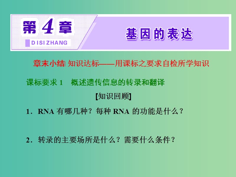 高中生物 第4章 基因的表达章末小结课件 新人教版必修2.ppt_第1页