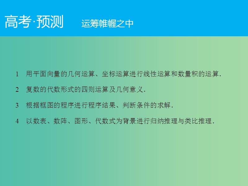 高考数学二轮复习 第1部分 专题1 必考点2 平面向量与复数运算、算法、合情推理课件 文.ppt_第2页