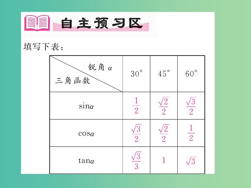 九年级数学下册 28.1 锐角三角函数 第3课时 特殊角的三角函数值习题课件 （新版）新人教版.ppt_第2页