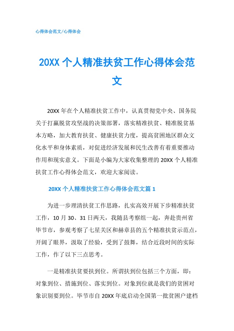 20XX个人精准扶贫工作心得体会范文.doc_第1页