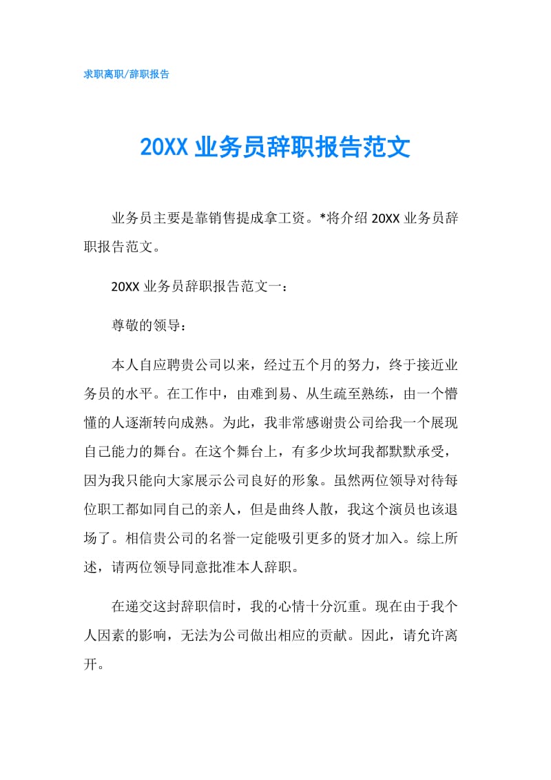 20XX业务员辞职报告范文.doc_第1页