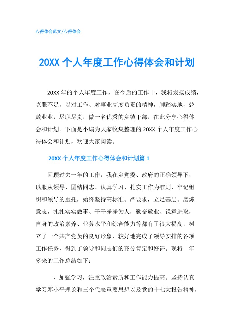 20XX个人年度工作心得体会和计划.doc_第1页